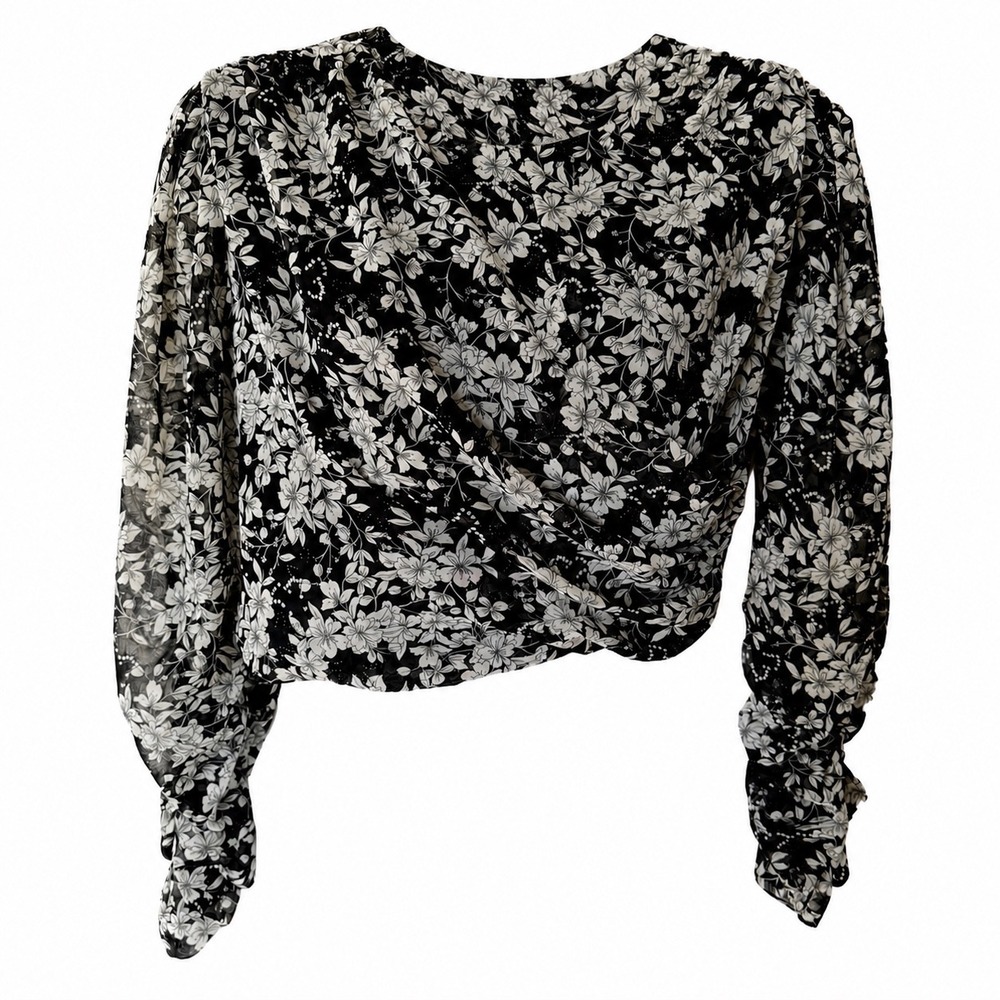 ZARA Womens XS Black White Floral Chiffon Cropped Draped Wrap Blouse Top